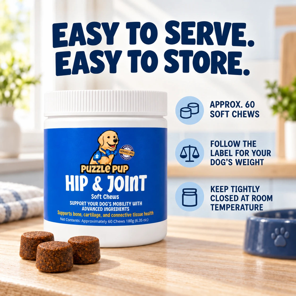 PuzzlePup Hip and Joint Soft Chews: approximately 60 chews, weight-based label directions, and tightly closed room-temperature storage.