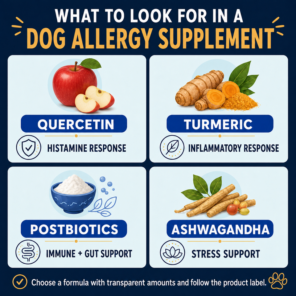 Dog seasonal allergy supplement ingredient guide featuring apple-derived quercetin, turmeric, postbiotics and ashwagandha