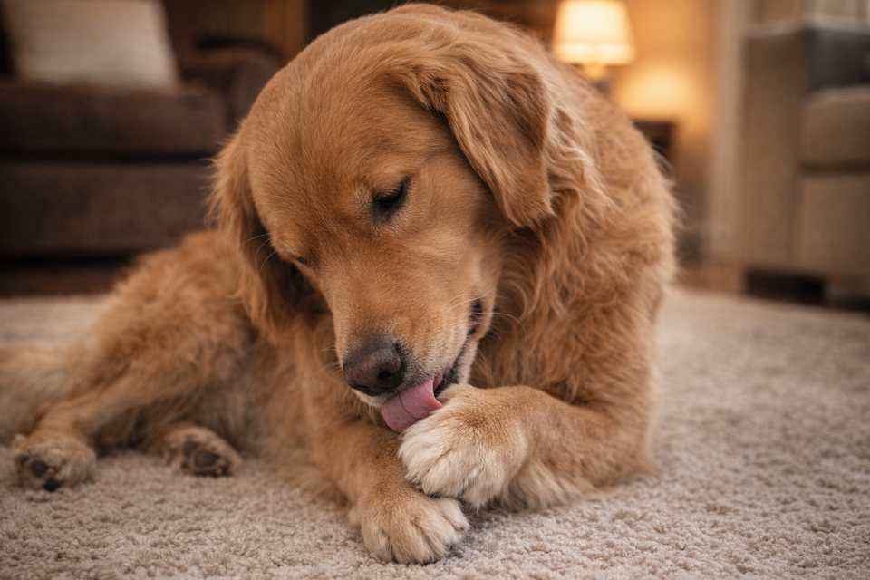 Golden retriever licking a front paw, one possible sign of seasonal skin irritation