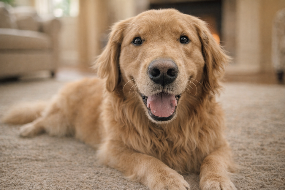 A relaxed golden retriever lying down comfortably and resting at home