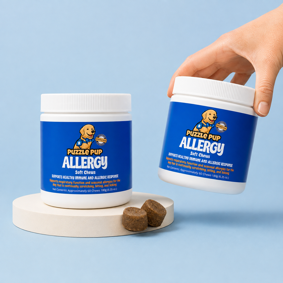 Two PuzzlePup Allergy Soft Chews jars in a blue studio setting