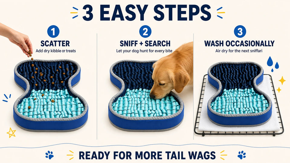 Complete three-step graphic showing how to scatter food, let the dog sniff and search, then machine wash gently and air-dry flat