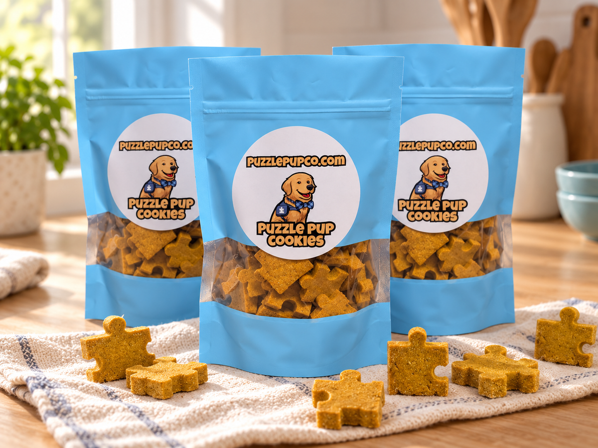 Three blue PuzzlePup Cookies pouches with golden puzzle-piece cookies in a kitchen composition.