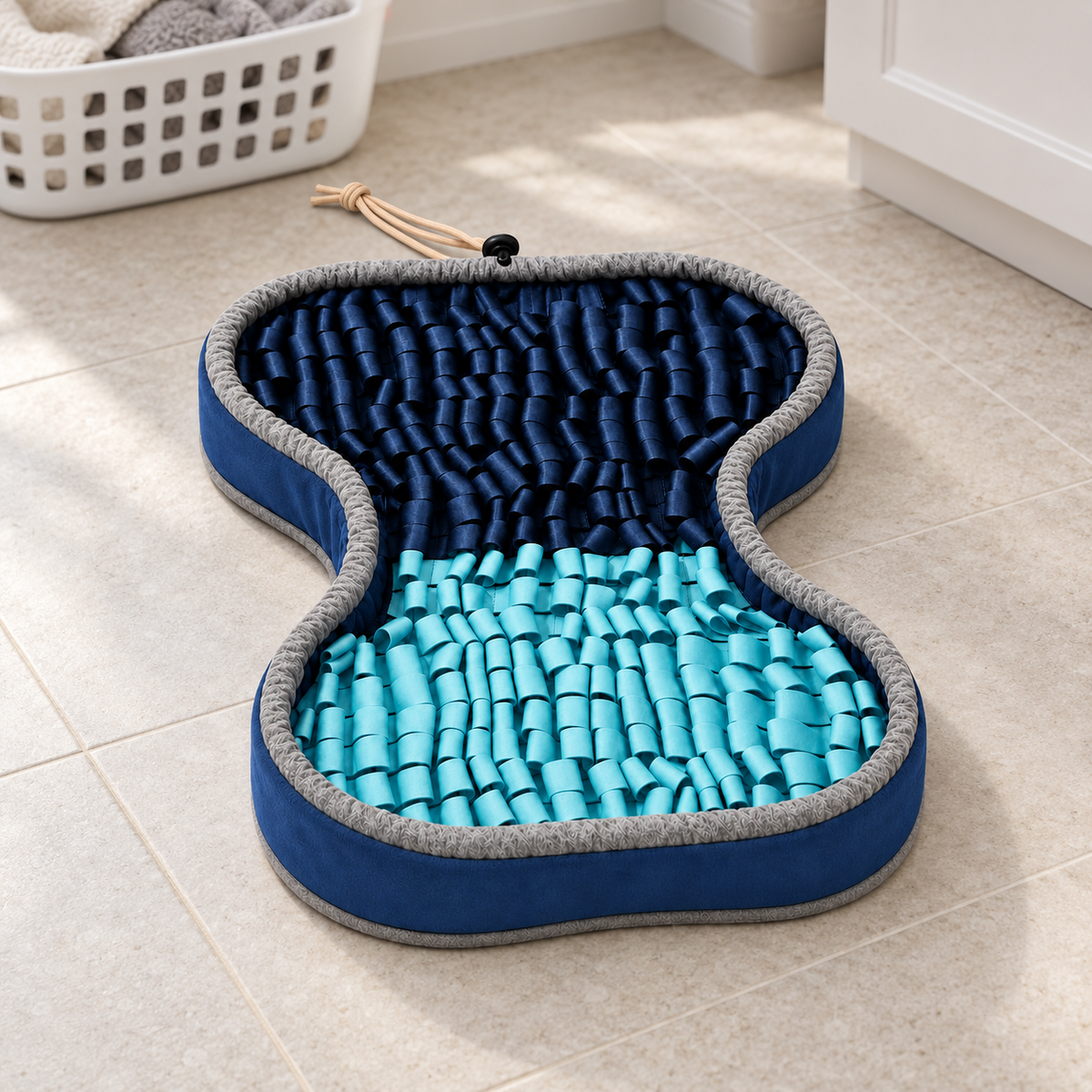PuzzlePup snuffle mat lying flat beside a laundry basket.