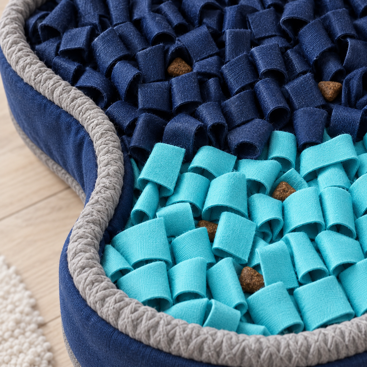 Close view of the navy and aqua food-hiding loops and gray fabric rim.