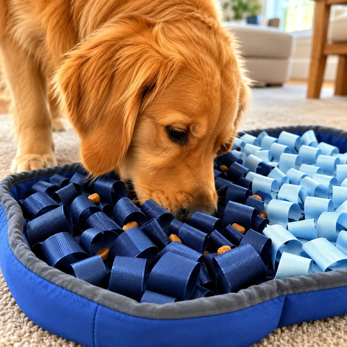 Normie, a golden retriever service dog, nose-deep in the navy loops of his PuzzlePup SmartMat, sniffing out hidden kibble