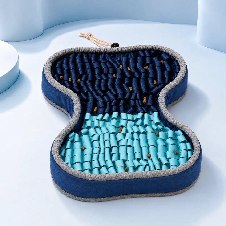 PuzzlePup navy and aqua bone-shaped Snuffle Mat