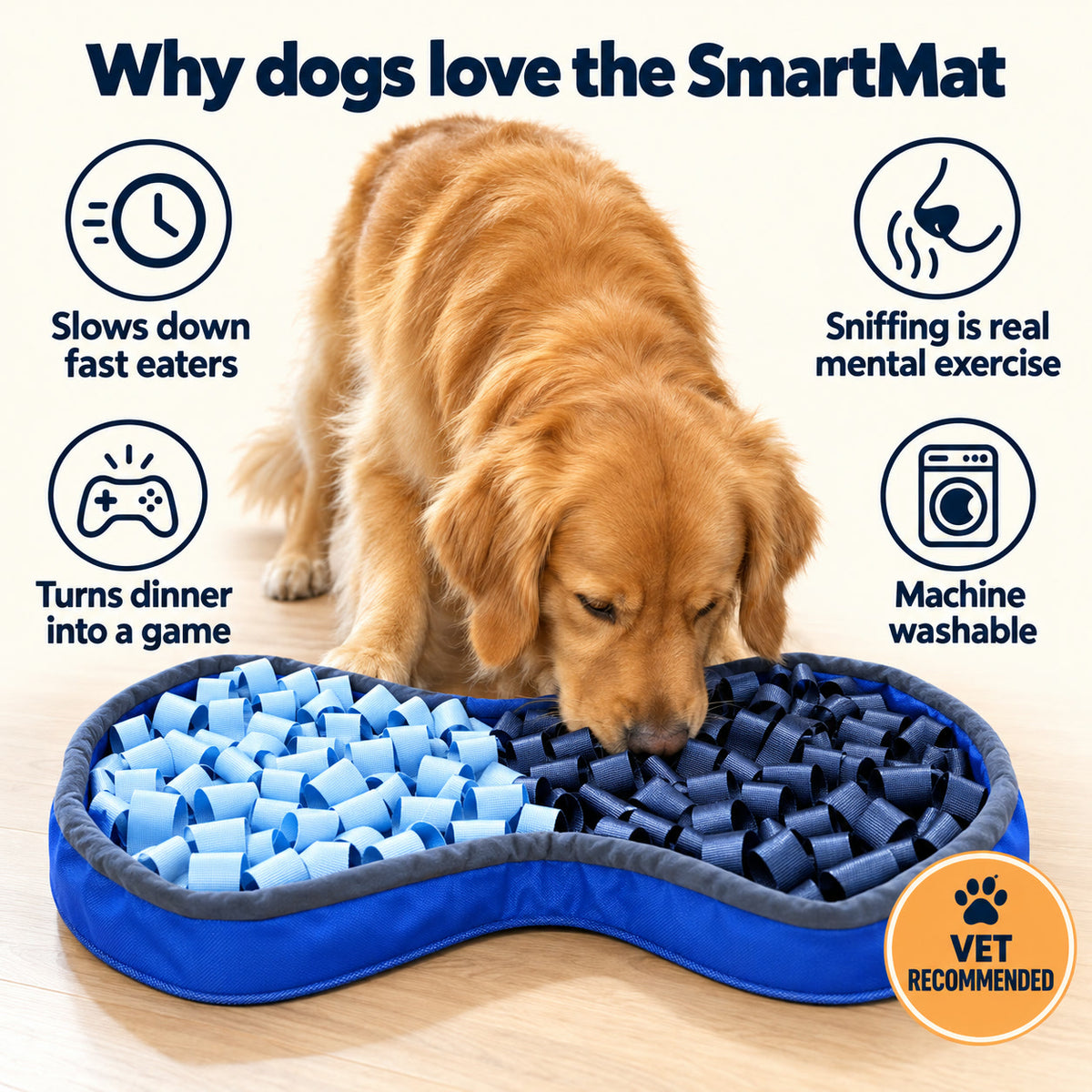 Why dogs love the SmartMat: slows down fast eaters, sniffing is real mental exercise, turns dinner into a game, machine washable. Vet recommended.