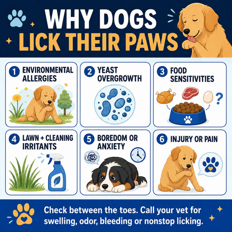 Visual guide to common reasons dogs lick their paws including allergies, yeast, food sensitivities, irritants, anxiety and injury