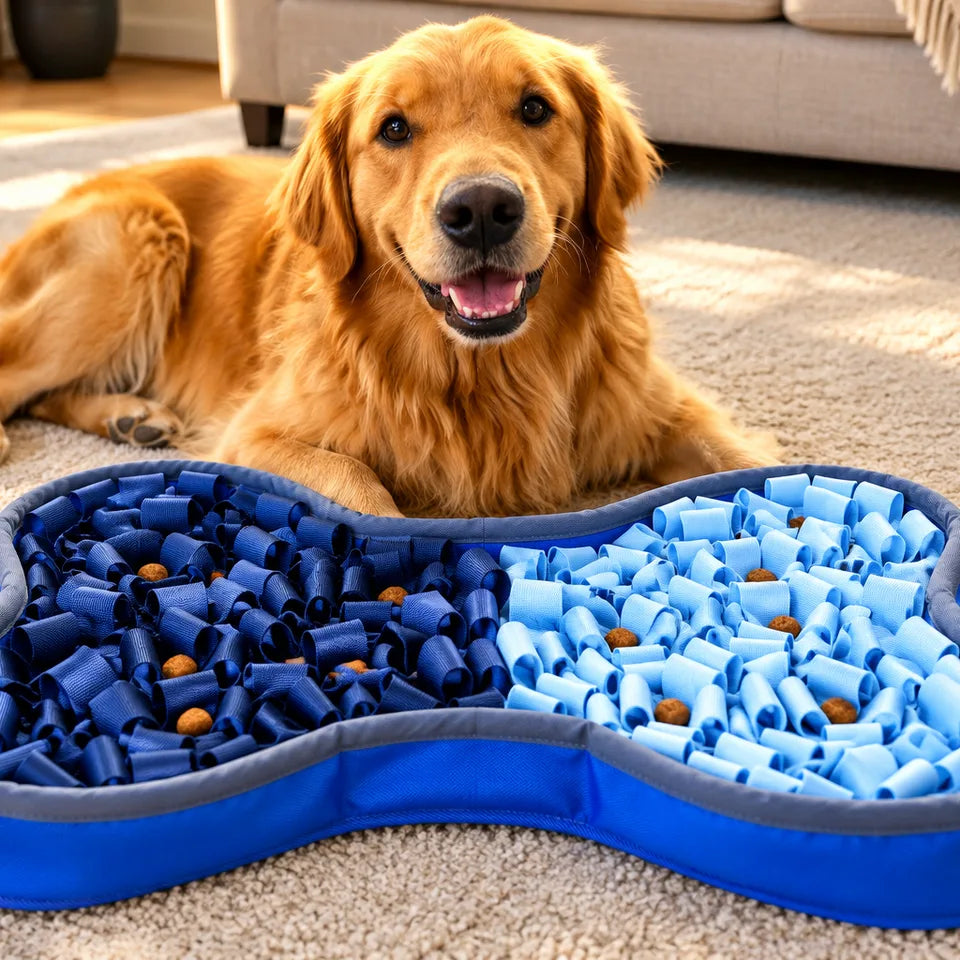 Normie, a golden retriever, looking up from his PuzzlePup SmartMat