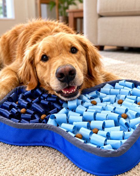 Normie lying happily with his chin on the SmartMat after his food hunt