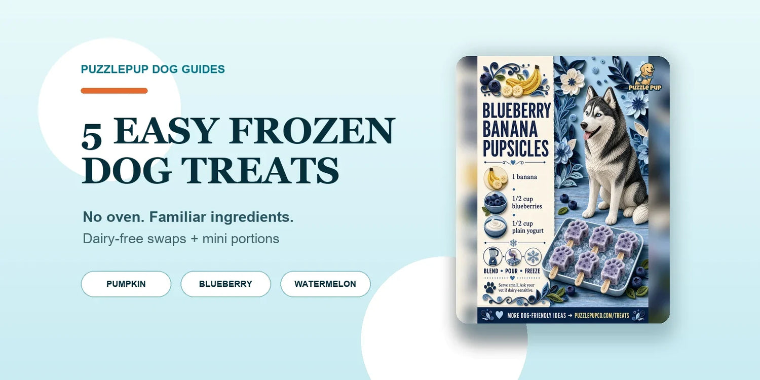 Five easy frozen dog treat recipes with a complete blueberry banana pupsicle visual