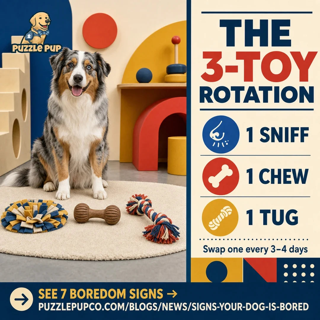 Three-toy rotation guide for dog enrichment in an apartment
