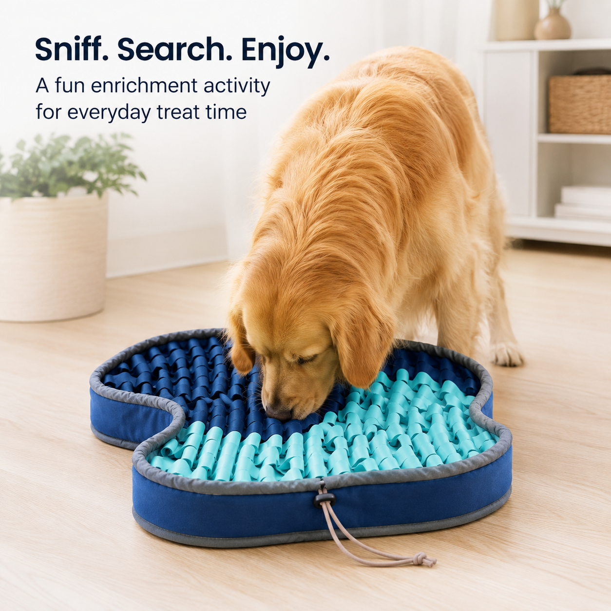 Dog interacting with a blue and green puzzle mat on a wooden floor.