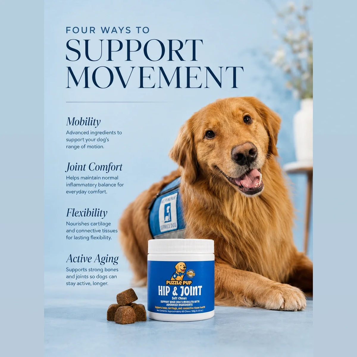PuzzlePup Hip & Joint Soft Chews care mobility, joint comfort, flexibility, and active aging