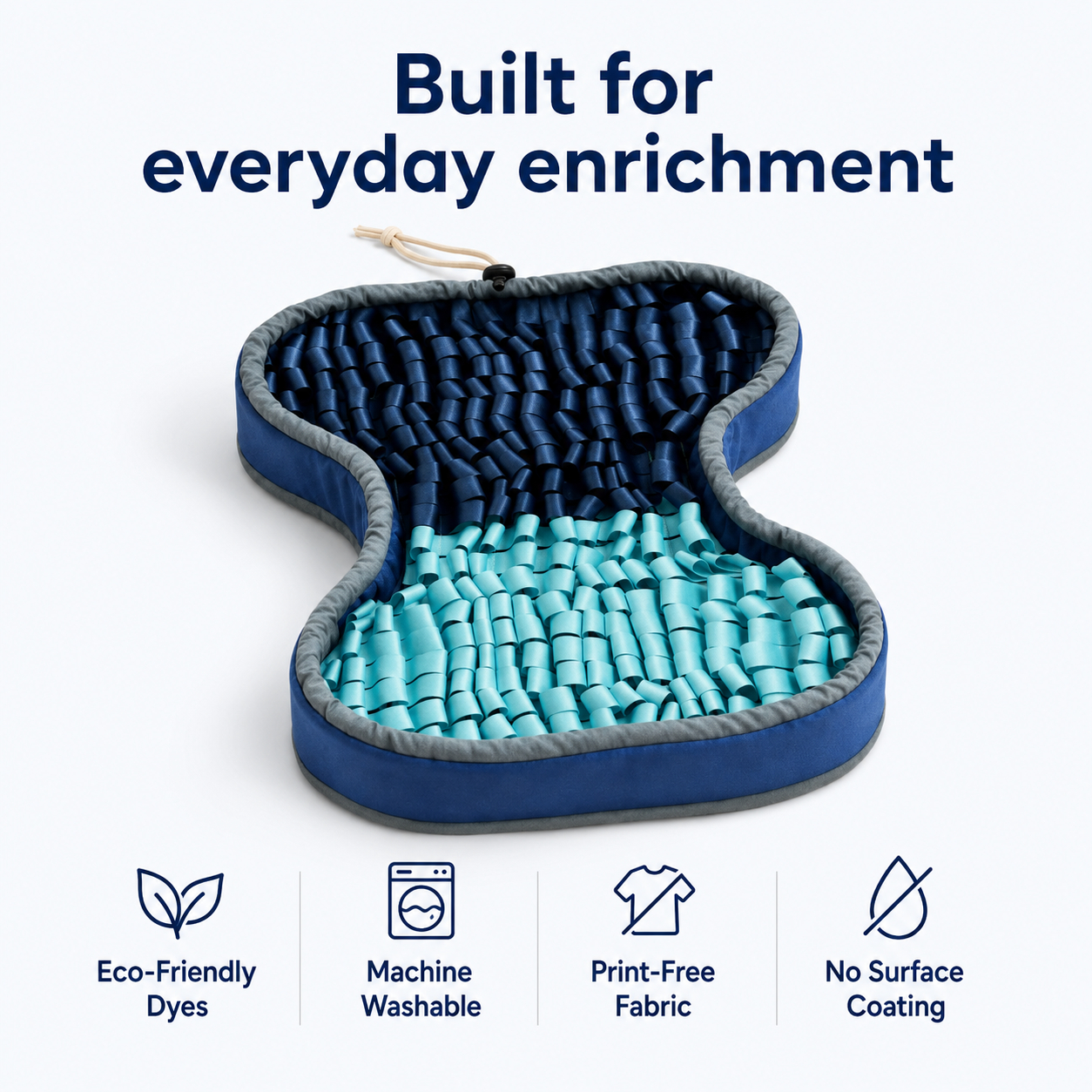 Blue and gray pet toy with teal beads, labeled 'Built for everyday enrichment' on a white background.