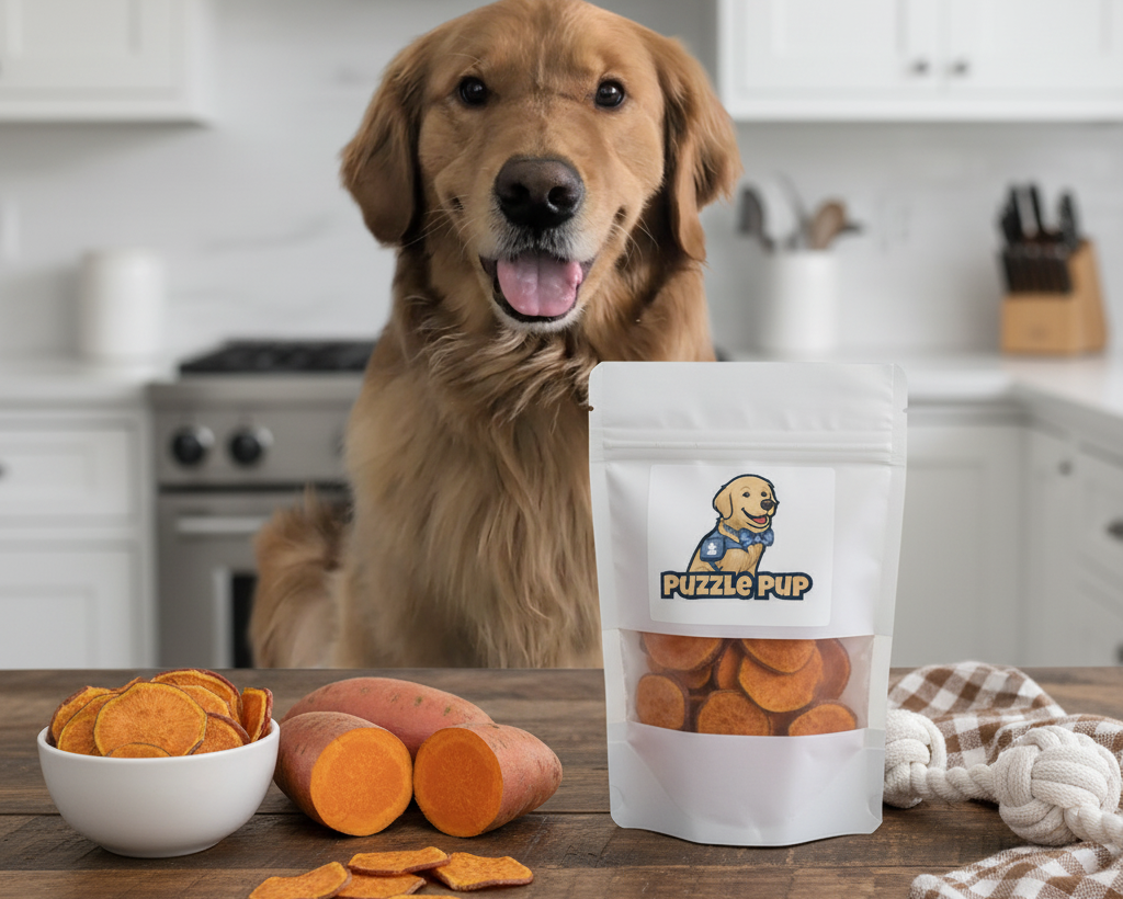 Dog with a bag of Puzzle Pup treats on a kitchen counter