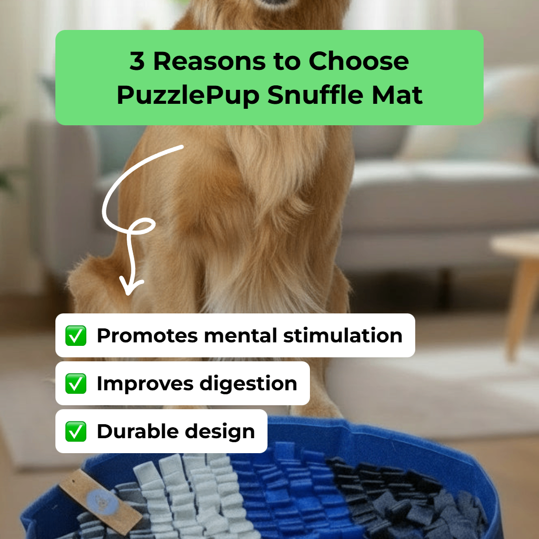 Dog interacting with a PuzzlePup Snuffle Mat with text highlighting benefits.