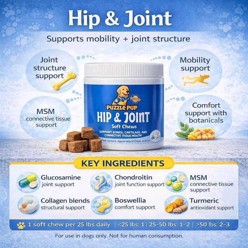 PuzzlePup Hip & Joint infographic: targets joint structure, mobility, and comfort with key ingredients glucosamine, chondroitin, MSM, collagen, boswellia and turmeric; dose 1 soft chew per 25 lbs daily