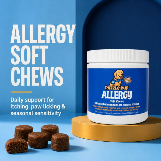 PuzzlePup Allergy Soft Chews jar with soft chews