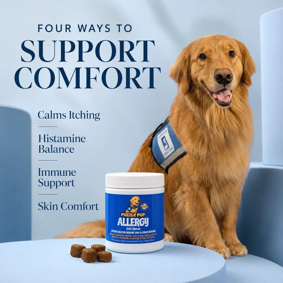 PuzzlePup Allergy Soft Chews care itching comfort, histamine balance, immune function, and skin comfort