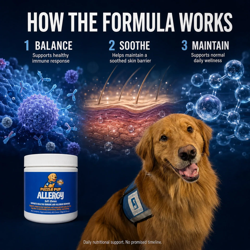 How PuzzlePup Allergy Soft Chews care immune response, skin comfort, and daily wellness