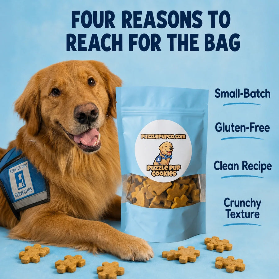 Normie beside PuzzlePup Cookies with four reasons to choose the bag: small-batch, gluten-free, clean recipe, and crunchy texture