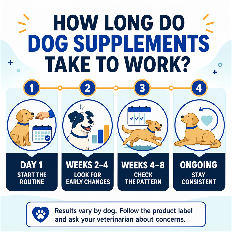 Timeline explaining how long dog supplements may take to show results from day one through ongoing use