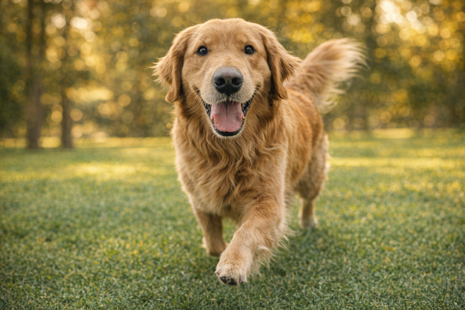 A happy golden retriever trotting across a sunny park