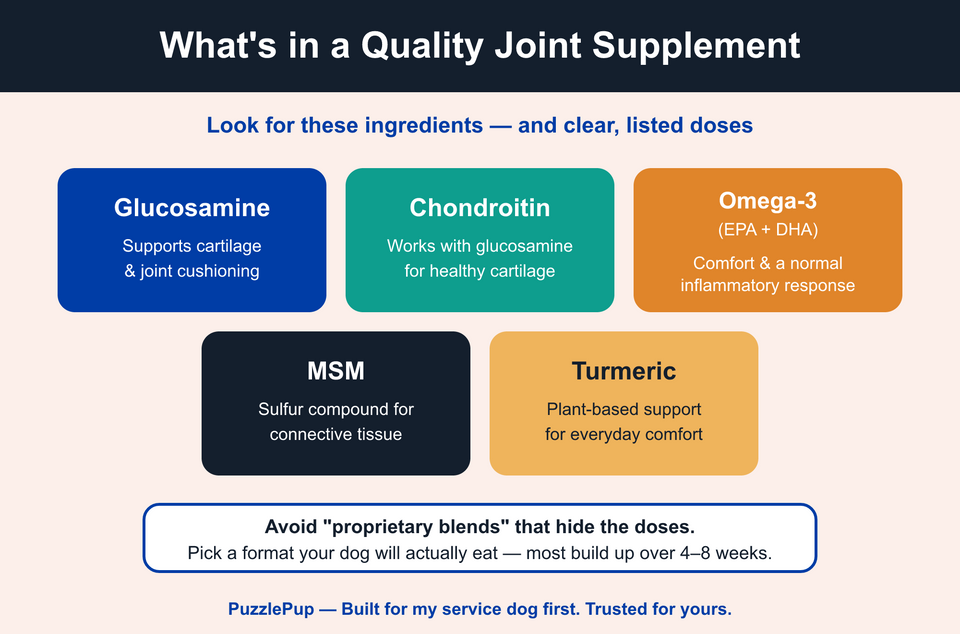 Infographic of key dog joint supplement ingredients: glucosamine, chondroitin, omega-3 EPA and DHA, MSM, and turmeric