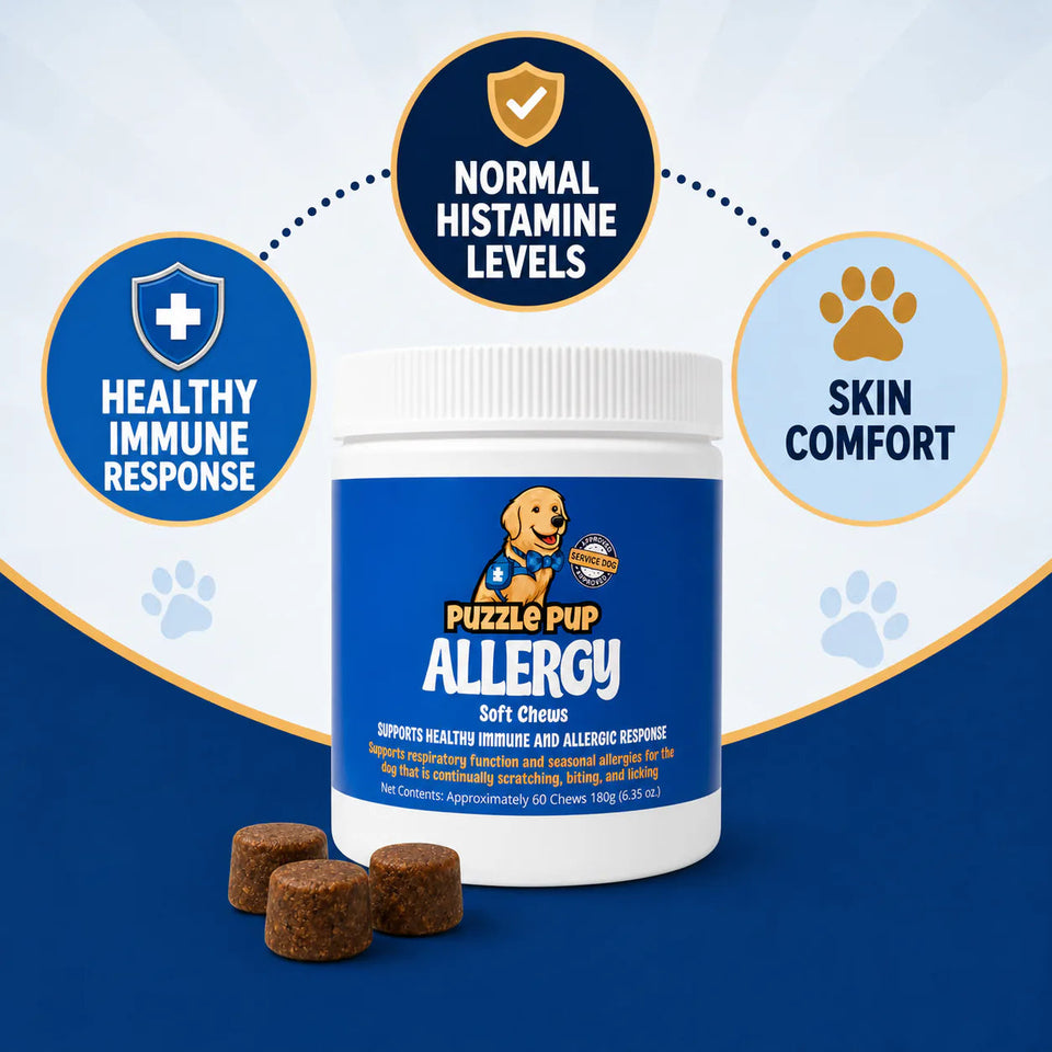 Allergy Soft Chews with immune response, histamine, and skin comfort callouts
