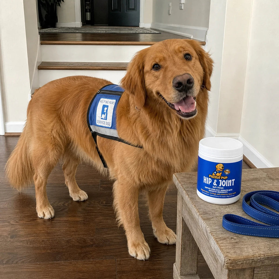 Candid phone photo of Normie beside PuzzlePup Hip and Joint Soft Chews at home