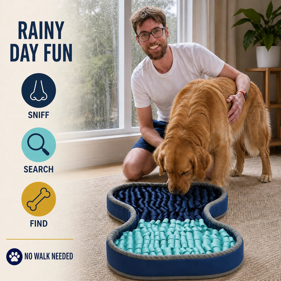 Complete rainy-day Snuffle Mat graphic with a golden retriever searching for dry food