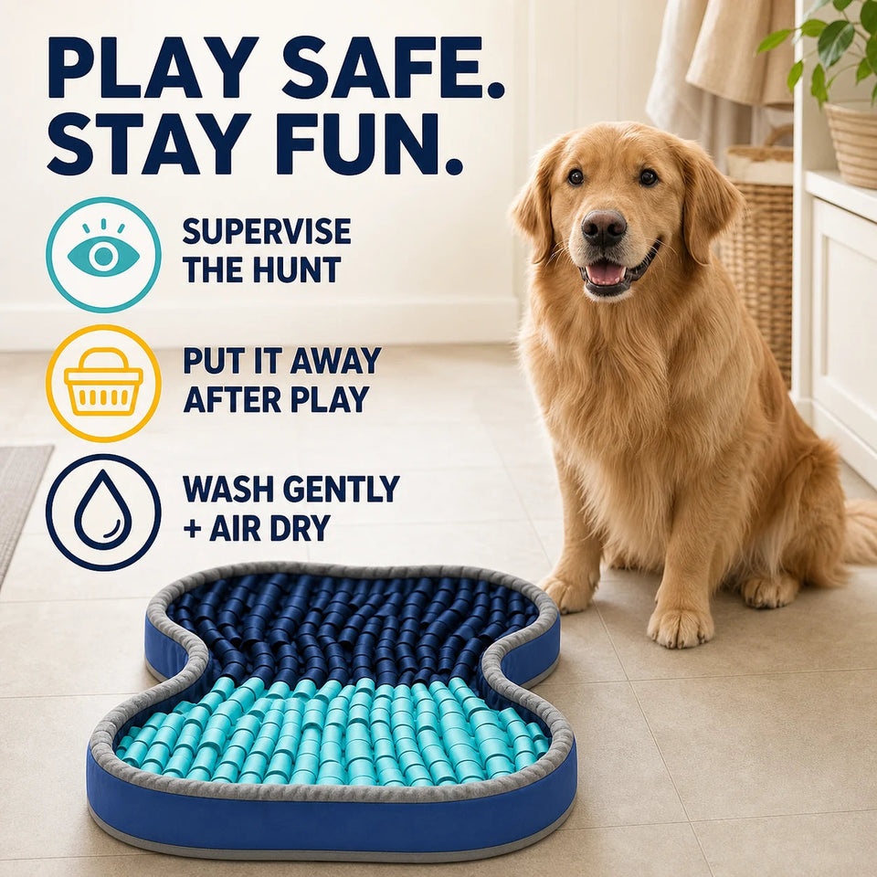 Complete Snuffle Mat care graphic covering washing, air drying, and supervised play
