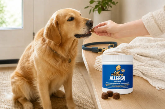 Golden retriever receiving a PuzzlePup Allergy Soft Chew beside the product jar