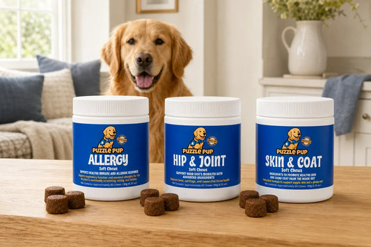 PuzzlePup Allergy, Hip and Joint, and Skin and Coat Soft Chews with a golden retriever
