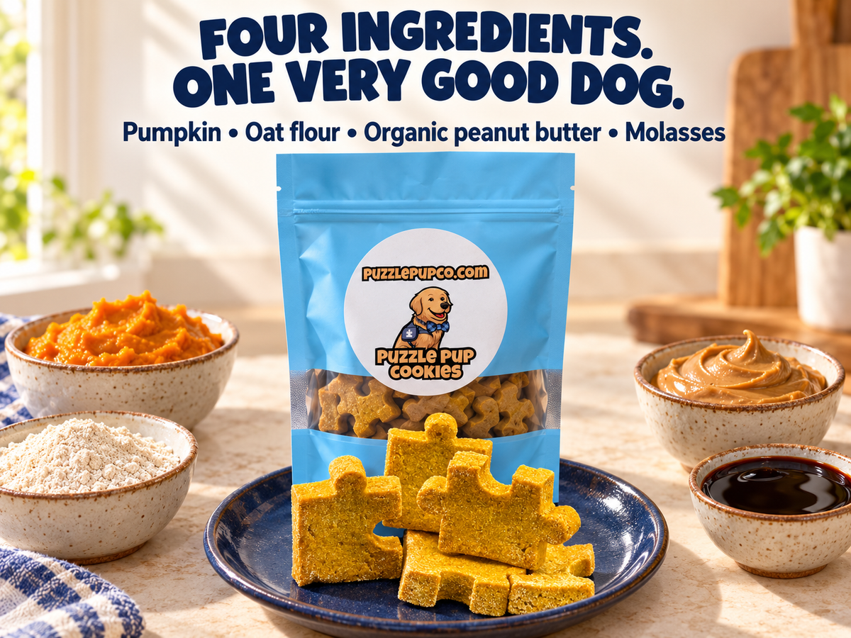 PuzzlePup Cookies with pumpkin, oat flour, organic peanut butter and molasses. Contains peanuts.