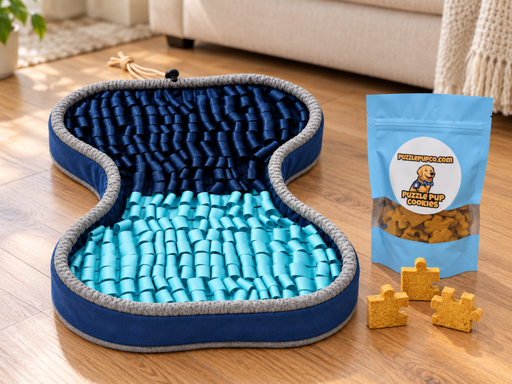 Navy and aqua bone-shaped snuffle mat with one blue PuzzlePup cookie pouch and square puzzle-shaped treats