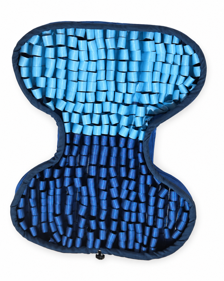 Complete navy and aqua PuzzlePup snuffle mat with flat navy binding on white.