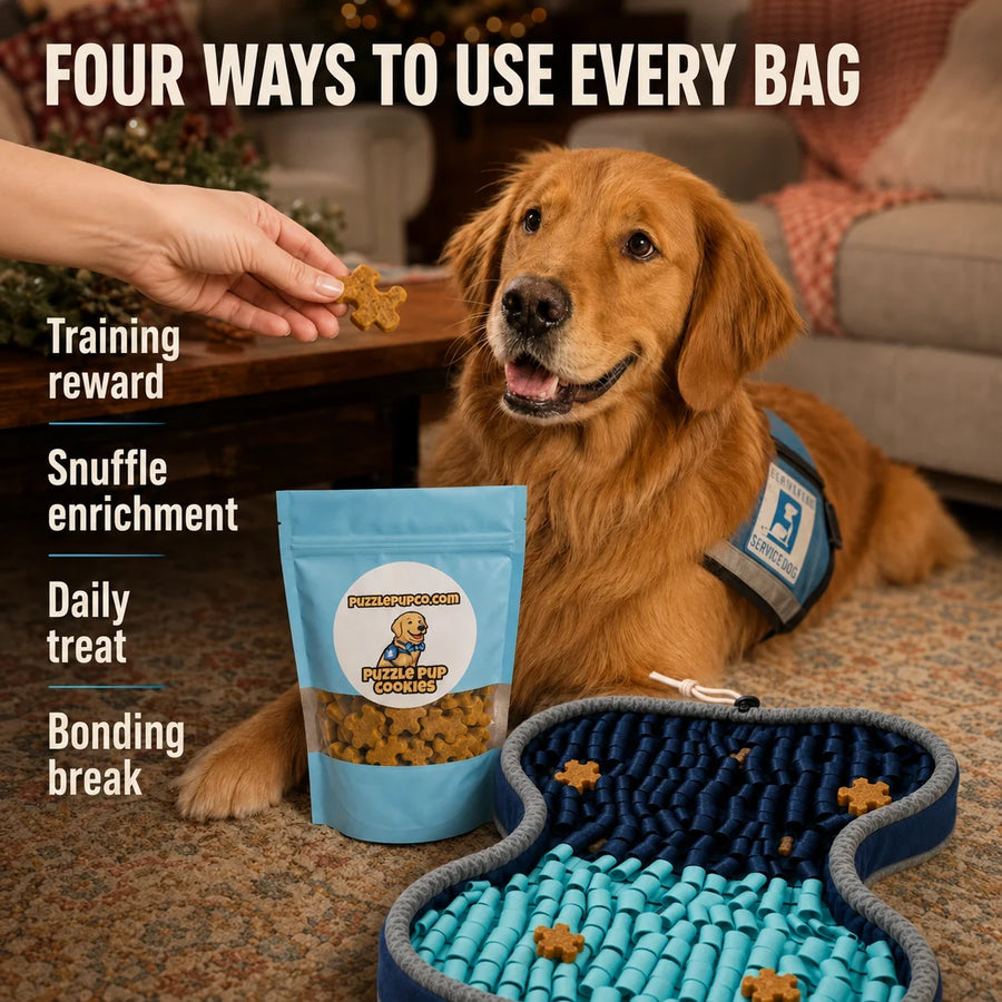 Normie with PuzzlePup Cookies and the PuzzlePup Snuffle Mat showing training, enrichment, daily treat, and bonding uses