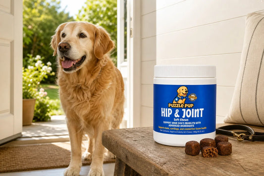 Senior golden retriever ready for a walk beside PuzzlePup Hip and Joint Soft Chews