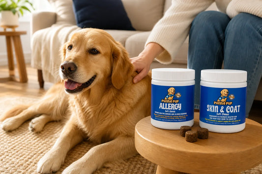 PuzzlePup Allergy and Skin and Coat Soft Chews beside a relaxed golden retriever