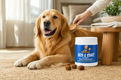 Golden retriever being brushed beside PuzzlePup Skin and Coat Soft Chews