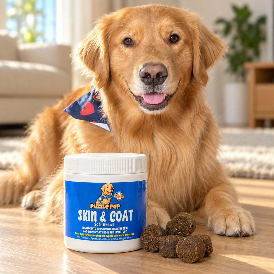 PuzzlePup Skin and Coat Soft Chews jar and soft chews