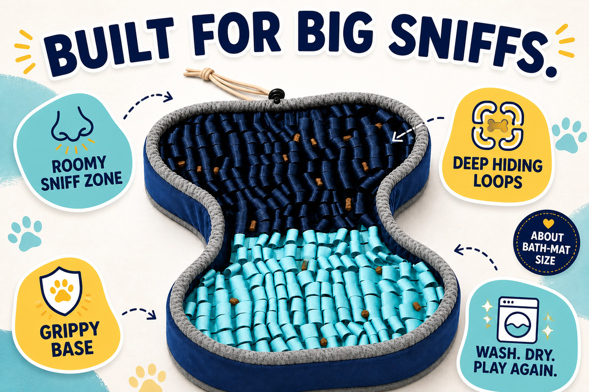 Playful PuzzlePup SmartMat features and easy care infographic