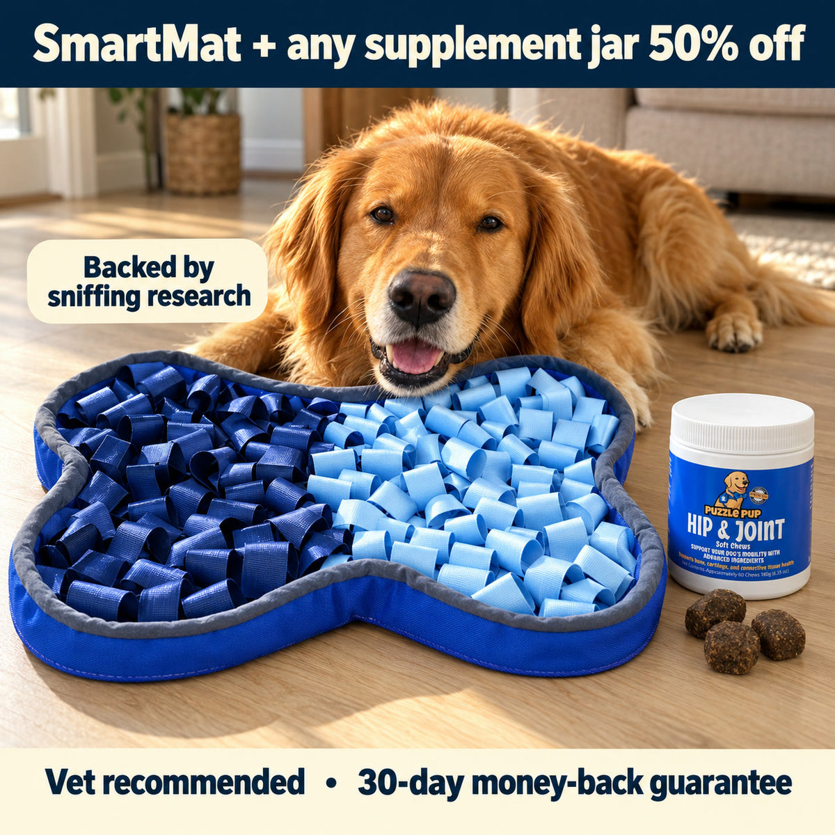 SmartMat bone-shaped snuffle mat with Normie and a Hip & Joint jar: add any supplement jar 50% off, vet recommended, 30-day money-back guarantee