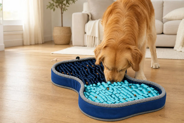 Golden retriever using the current blue PuzzlePup Snuffle Mat indoors