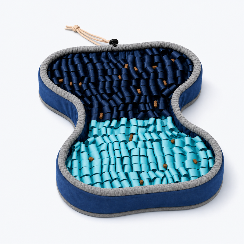 PuzzlePup blue bone-shaped snuffle mat for dogs on a clean light background