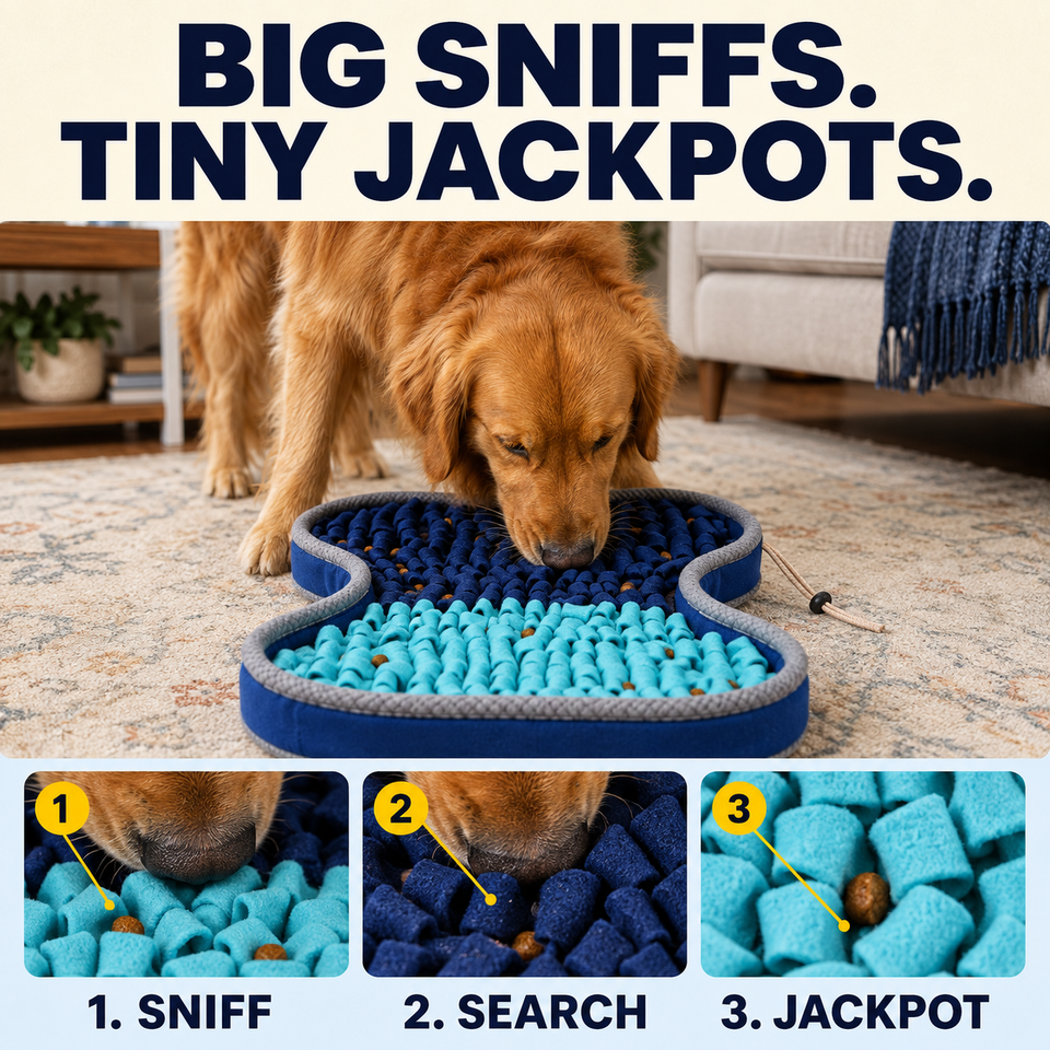 Normie demonstrates Sniff, Search, and Jackpot with the PuzzlePup Snuffle Mat