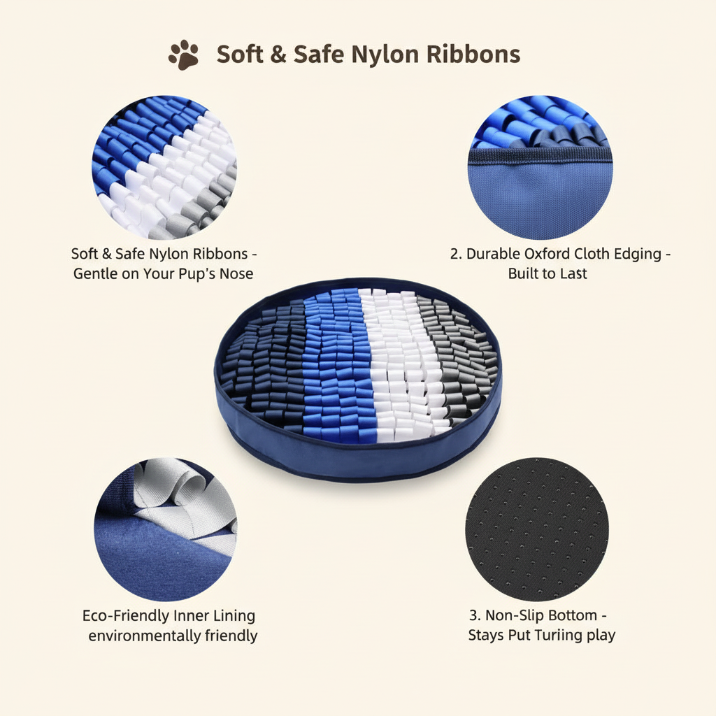 Blue and white ribbons circular snuffle mat designed for service dogs, smart dogs  and dog enrichment.